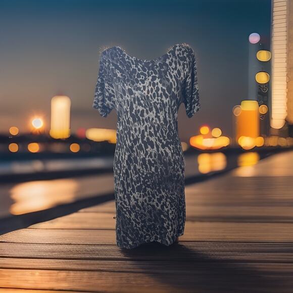 Loft Gray Black Animal Print 100% Wool Knit Sweater Dress Size M Mobwife - Picture 1 of 14